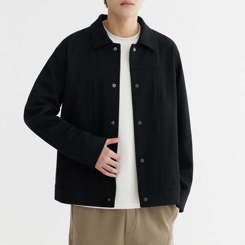 Men's Black Collared Jacket Slightly Loose Short Casual Coat